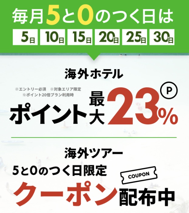 「海外旅行」最大23%ポイント還元・割引クーポン